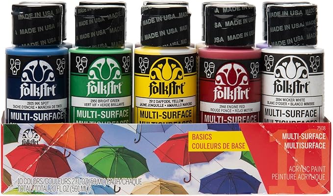 FolkArt Color, 10 Bottle Multi-Surface Acrylic Paint Set, 2oz, Basics