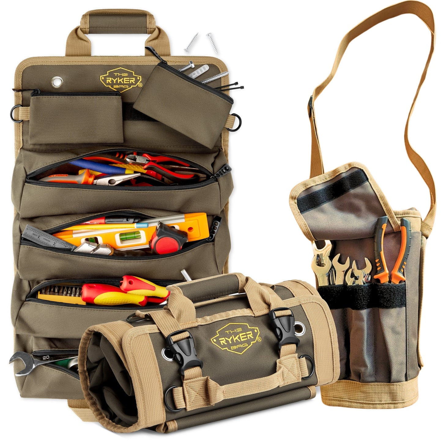 Accessible Pockets Tool Roll Organizer with 2 Detachable Pouches