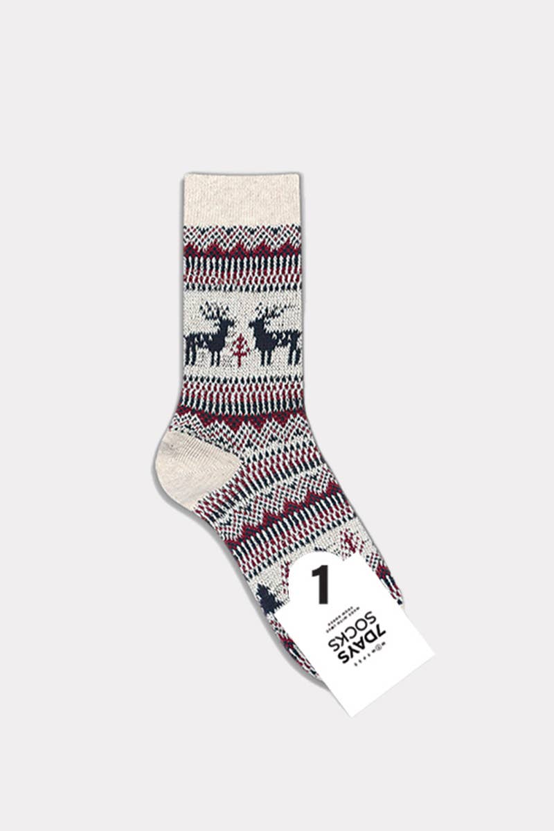 Women’s Winter Thick Jacquard Stripe Knit Crew Socks - Deer
